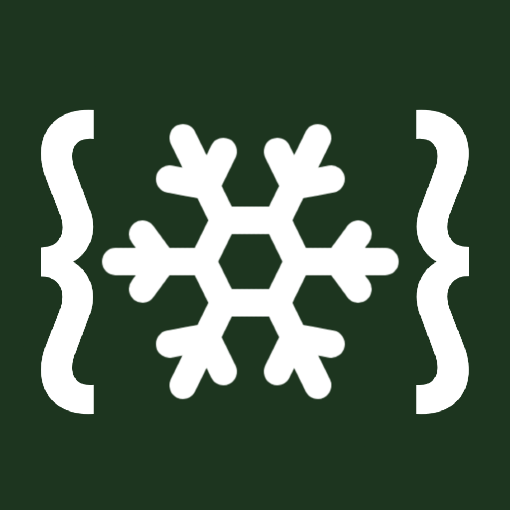 Logotipo de Posadas de Código: llaves de código y copos de nieve sobre un fondo verde.